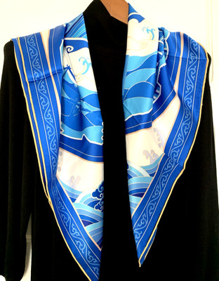 35''x35''Blue Pattern Print Pure Mulberry 18momme Heavy Satin Silk Scarf88x88cm6-1