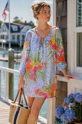 Caroline Hill Women's S Blue Dress Shift Pintuck Leopard Print Tropical Floral