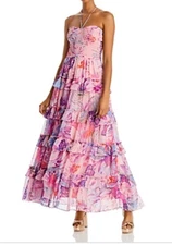 Rococo Sand Ruffled Tiered Maxi Dress, Pink Tropical Print, Medium $597