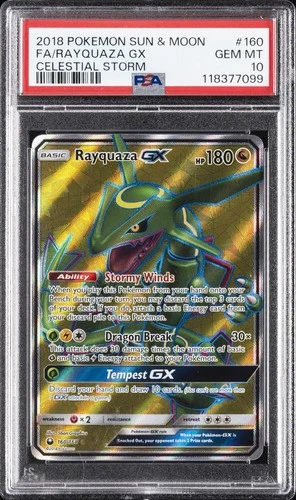 2018 POKEMON SUN & MOON CELESTIAL STORM #160 FULL ART/RAYQUAZA GX PSA 10