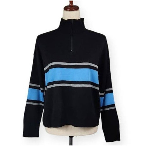 Suéter BP Cuello Simulado 1/4 Cremallera Negro Azul Rayas Desegulares Para Mujer Talla Mediana Nuevo - Imagen 1 de 12