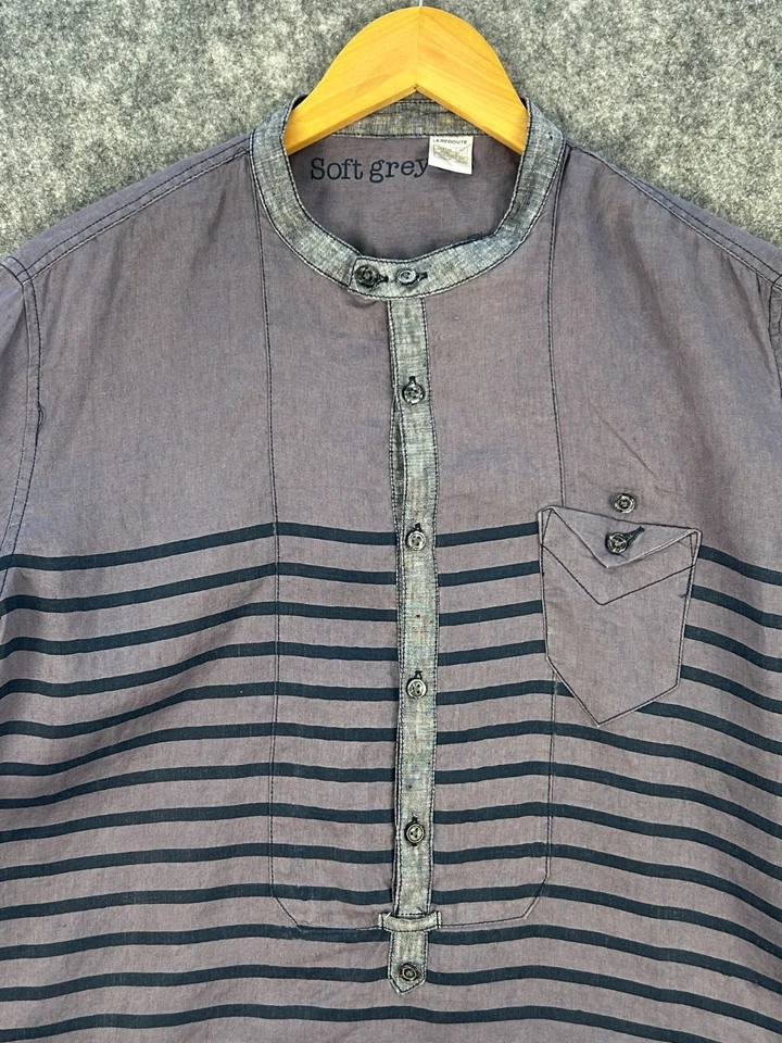 Mens Linen Shirt Grey La Redoute L 43/44 Grey Striped Grandad Collar Vintage - Image 2 of 4