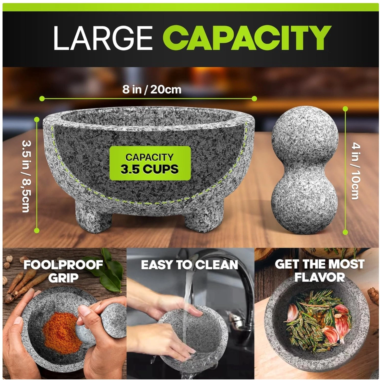 Large Capacity Natural Stone Molcajete for Spices & Herbs^-