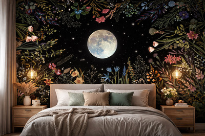 Wall painting, Wall Wallpaper with Wildflower Pattern on Black Background
