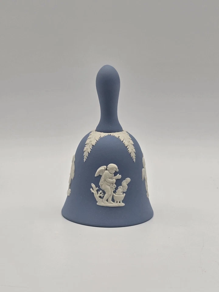 VTG Wedgwood Blue Jasperware Table Bell 4 Seasons Cherubs 4" Tall Raised Relief - Image 3 of 4