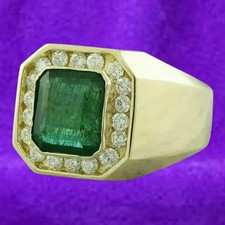 Herren Smaragd & Diamant 18K Gelbgold Über Halo Statement Ring für Ihn Sz 8-17