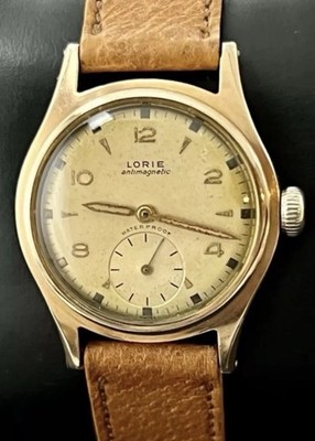 Vtg LORIE Sub-Second Men's 31mm Mechanical Watch 17 Jewels 18KGP Tan Leather