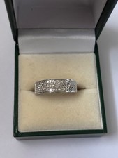 9ct White Gold Diamond Pave Band Ring – Wide Wedding Band – Size Q – Unisex