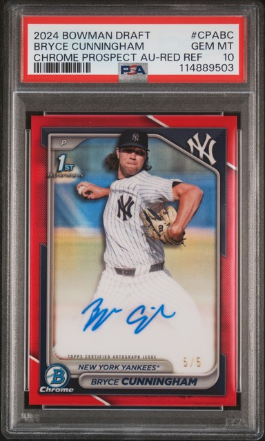 2024 BOWMAN DRAFT CHROME PRSPCT AUTOS RED REFRACTOR BRYCE CUNNINGHAM 5/5 PSA 10