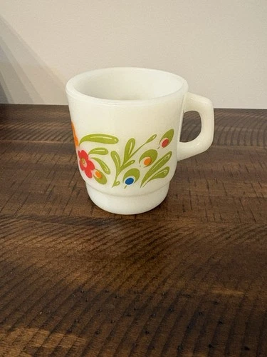 Anchor Hocking Mug Milk Glass Vintage Floral Coffee Tea Cup MCM Stacking Handle