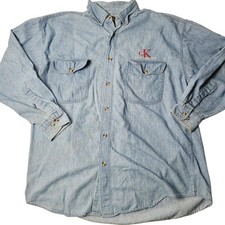 VTG Calvin Klein Men's Size Large Long Sleeve Denim Shirt 90's Logo Spellout