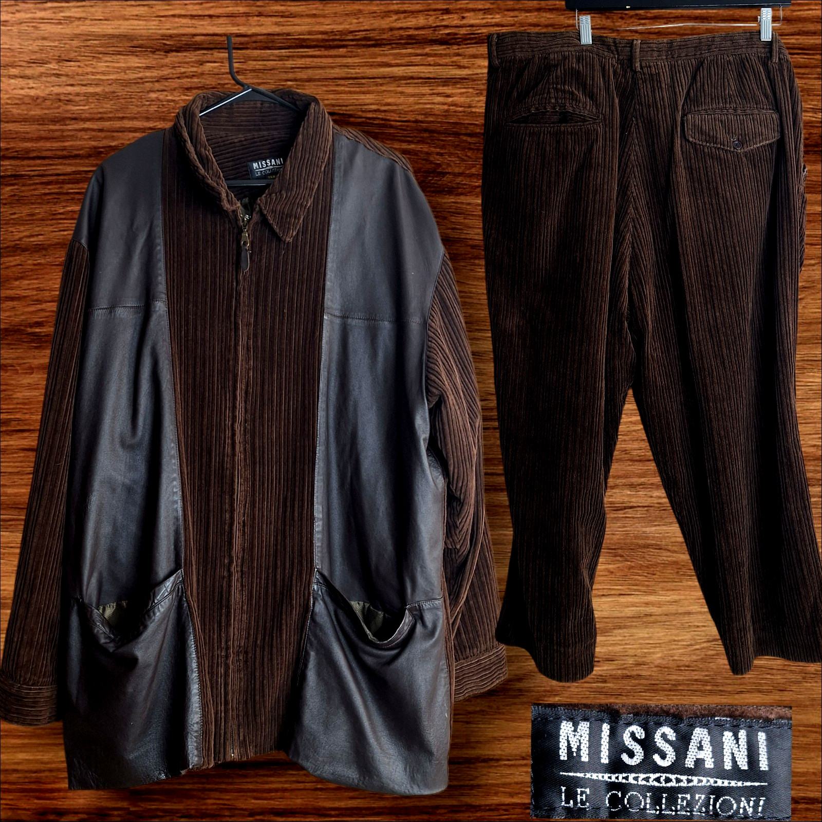 Missani 2 Piece Suit Mens 2XB 52R Corduroy Leather Pants 42X29 Full Zip