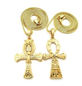 Eye Ankh Cross Pendant 24" Hip Hop Egyptian Maat 30" Box Chain 2 Necklace Set.