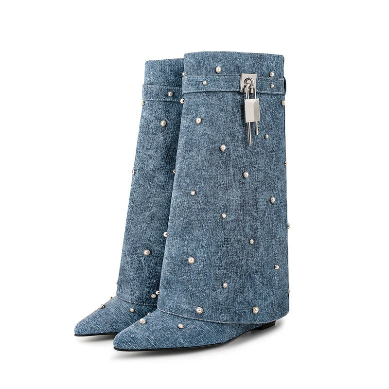 Botas estilo americano para mujer punta media pantorrilla tacón alto Western talla grande Foto 2 de 4