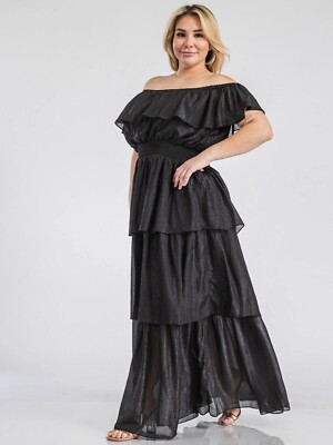 Womens Plus Size Black Cold Shoulder Maxi Dress 3X Ruffled Accents Shimmer