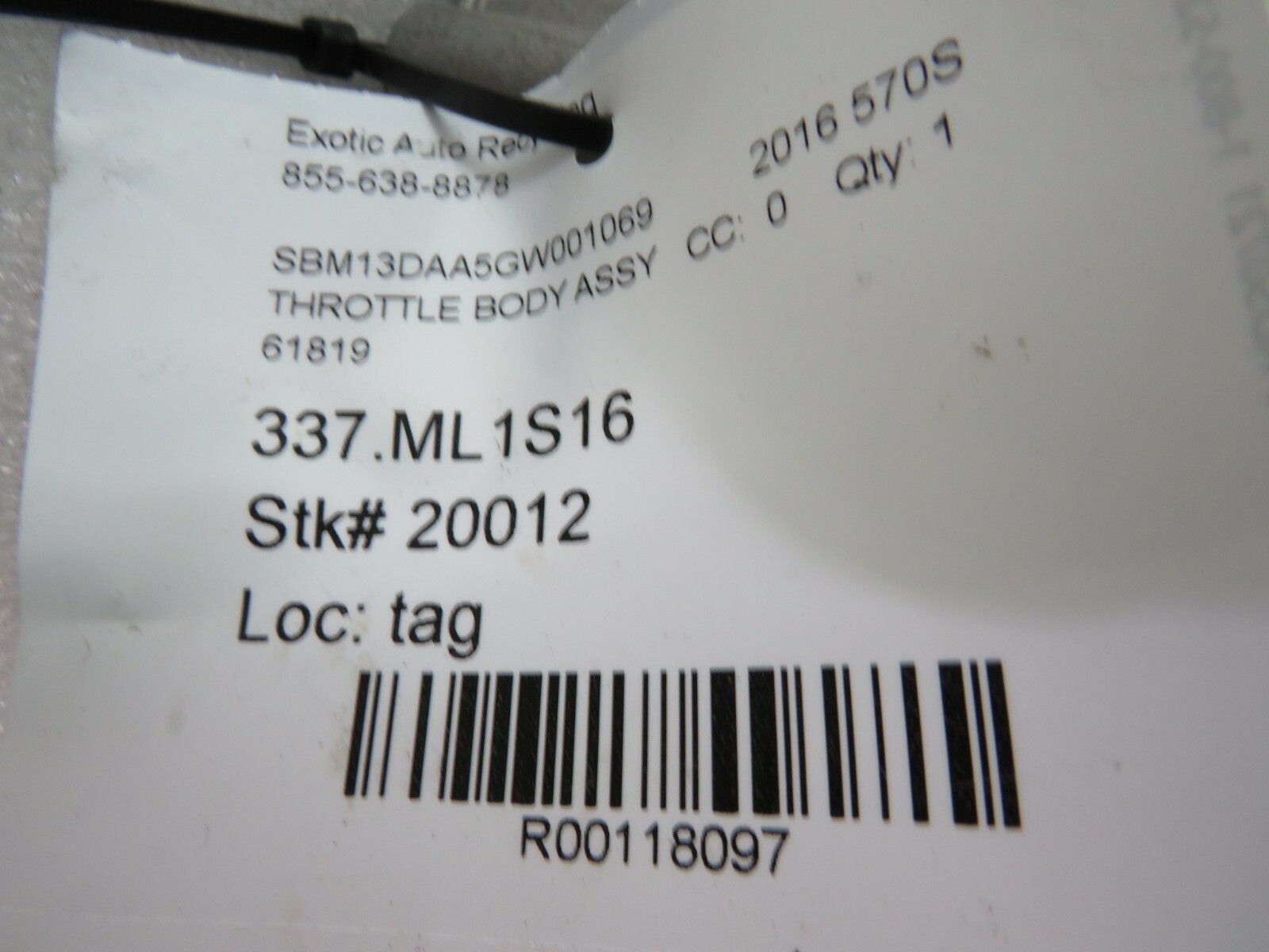 McLaren 570S, Throttle Body Assembly, Used, P/N 61819