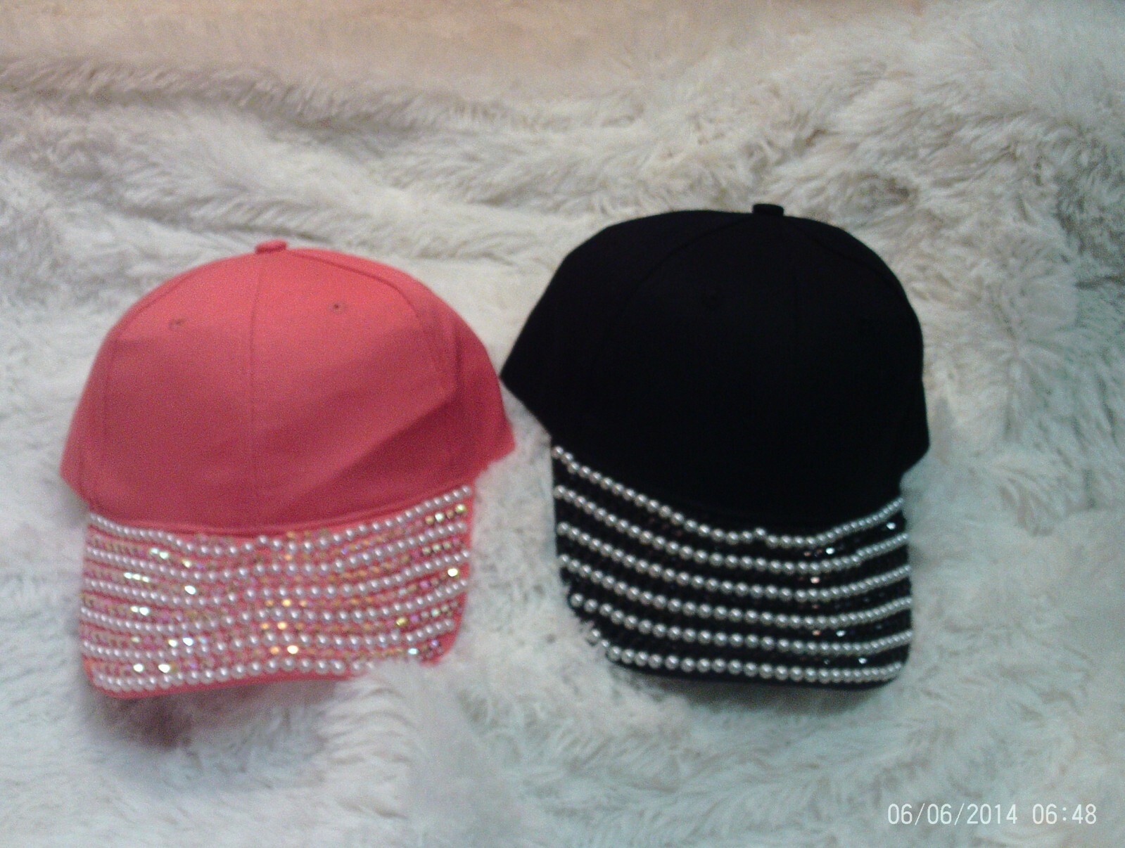 Womens baseball style caps with Pearls. 2 Cap LOT. 1 Black & 1 Pink