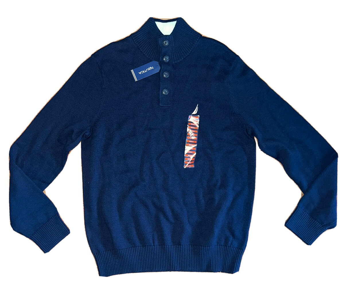 Nautica Mens Sweater 1/4 Button Mock Neck 100% Cotton Navy Blue