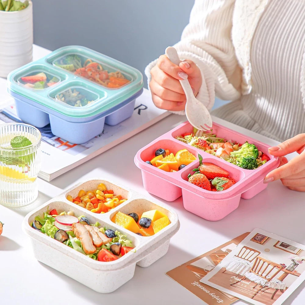 Colorful 4-Piece Kids Bento Box Set with 3 Compartments, Stackable & Lidded