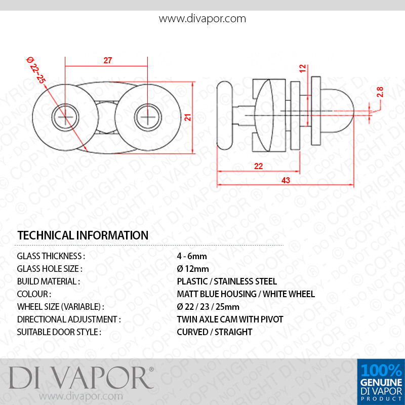 Di Vapor (R) Swivel Butterfly Shower Door Rollers 22mm/23mm/25mm