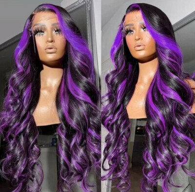 Wig HD Front Lace Black Blonde Red Human Hair Blend Highlights  Wavy Curly