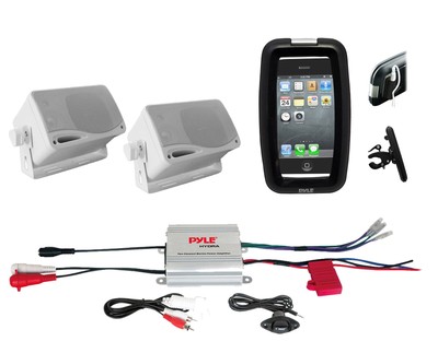 New Boat Bike ATV Outdoor Marine iPod Input Amplifier, 2 Box Speakers,Phone Case