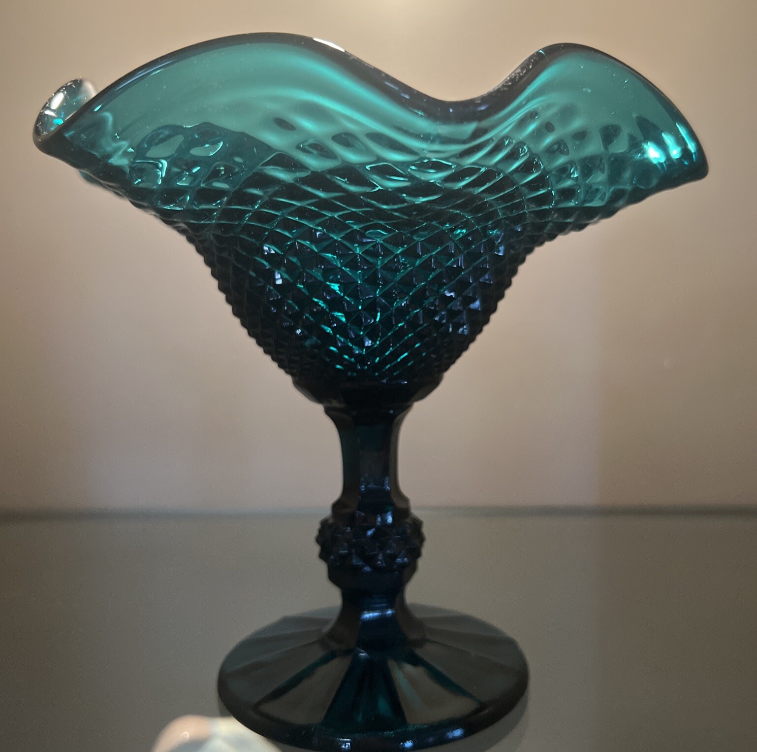 Teal Diamond Point Ruffled Glass Pedestal Dessert Bowl by Ivima Portugal-image