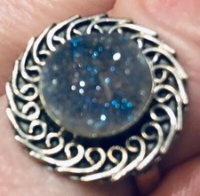 Sparkling Blue Druzy Quartz Sterling Silver 925 Round Swirl Design Ring Size 9
