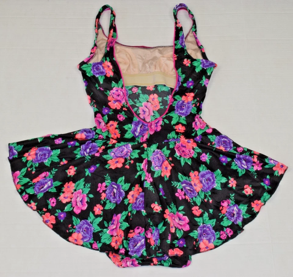 Traje de baño vintage talla S/M años 80 brillante negro rosa púrpura flores falda completa sujetador Foto 2 de 4