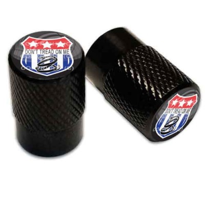 2 Black Aluminum Knurled Motorcycle Valve Caps - USA SHIELD DONT TREAD TT095