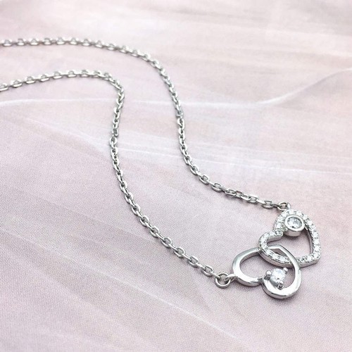 .925 Sterling Silver CZ Double Love Heart Necklace 18" with Gift Box - Picture 4 of 6