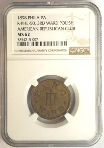 1898 Polish American Republican Club Token NGC MS62 Top Pop! Rulau Gay Nineties