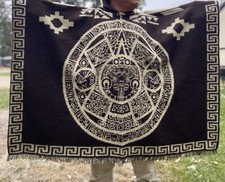 HANDMADE ALPACA WOOL PONCHO, AZTEC CALENDAR, Super Soft Warm, Made In Ecuador