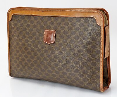 Authentic CELINE Brown Macadam Canvas and Leather Clutch Bag Purse #60726