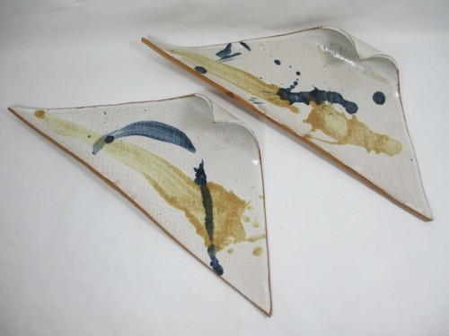 2 Unique Handmade Mid Modern Clay Sushi Plates Wht Glaze Splashed Blue Gold Art - Picture 3 of 12