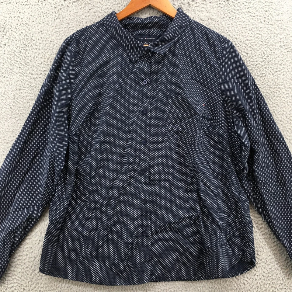 Tommy Hilfiger Button-Up Long Sleeve Shirt Mens XL Collared Pocket Black Cotton - Image 2 of 4