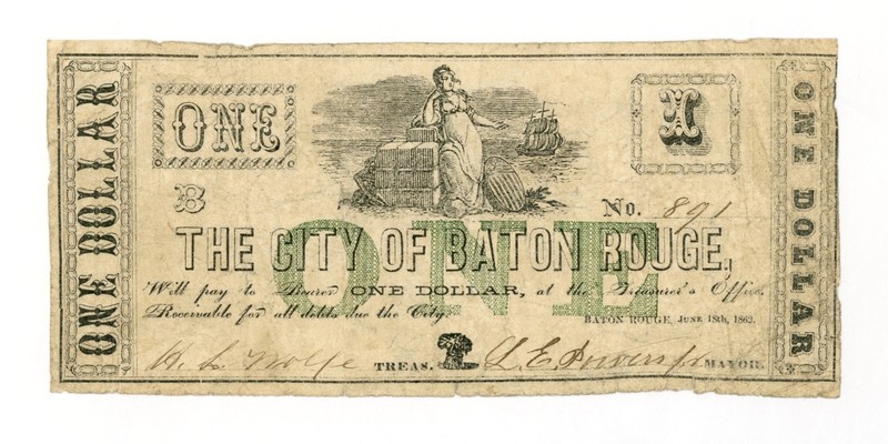 1862 $1 The City of Baton Rouge, LOUISIANA Note - CIVIL WAR Era