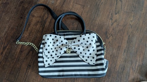 Betsey Johnson Black White Strip Large Lock Bow Purse Shoulder Bag