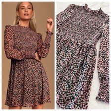 Lulus Floral Smocked Chiffon Long Sleeve Mini Dress SMALL Spring Easter EUC