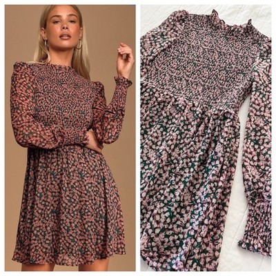 Lulus Floral Smocked Chiffon Long Sleeve Mini Dress SMALL Spring Easter EUC