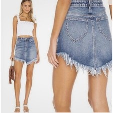 Free People Bailey Fringe Blue Frayed Raw Hem Medium Wash Denim Mini Skirt Sz 24