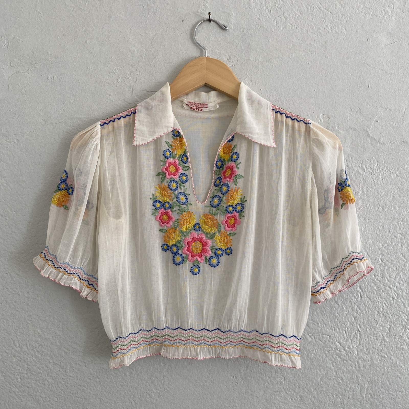 Vintage 30s 40s Floral Embroidered Sheer Cotton B… - image 1