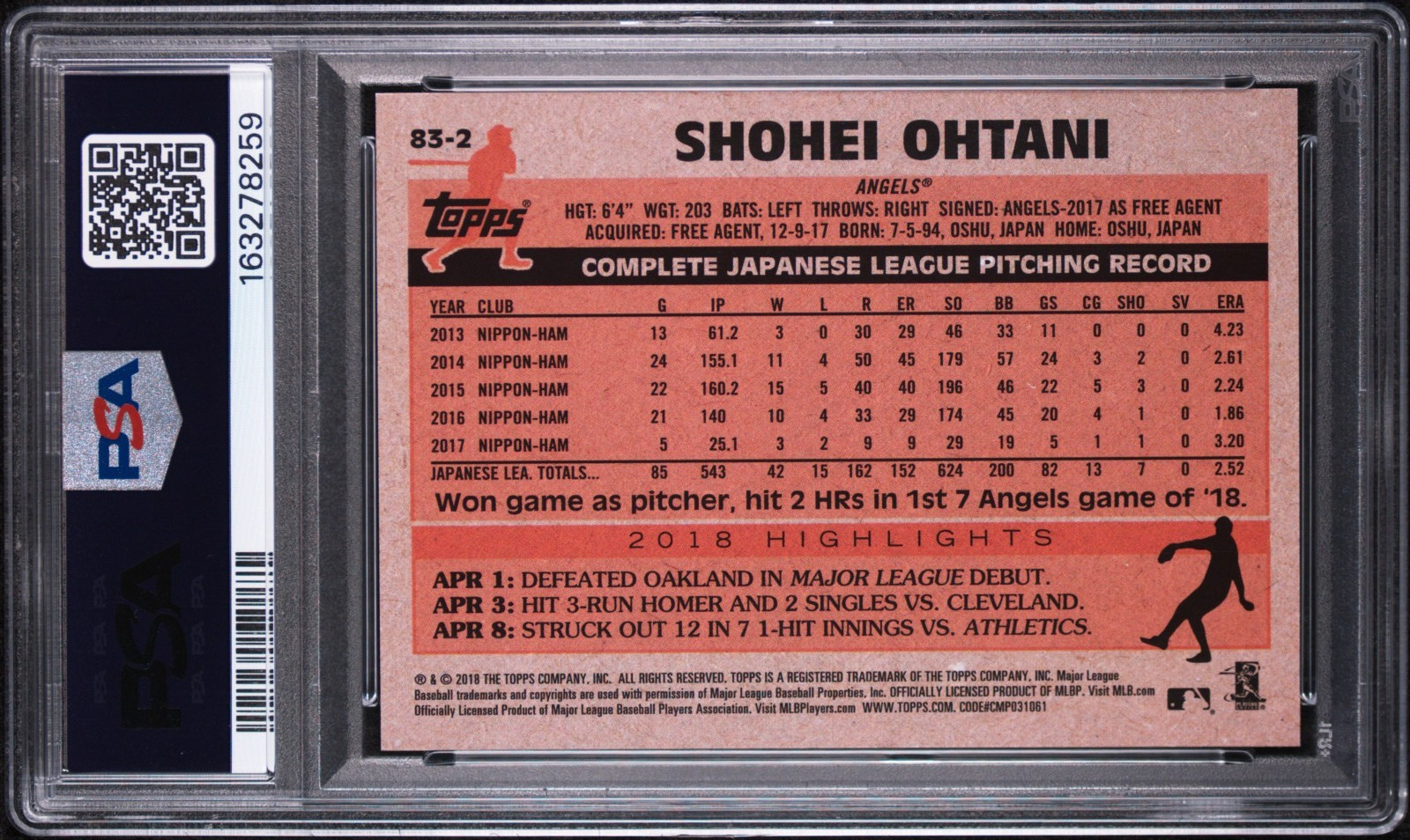 SHOHEI OHTANI 2018 TOPPS UPDATE 1983 RC #83-2 PSA 9 MINT! DODGERS MVP #163278259 view 2