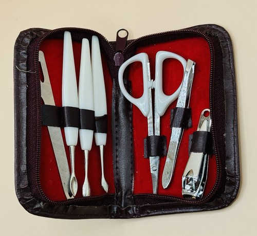 Vintage 7- Piece Nail Care Set In Small Red Case Stainless Steel