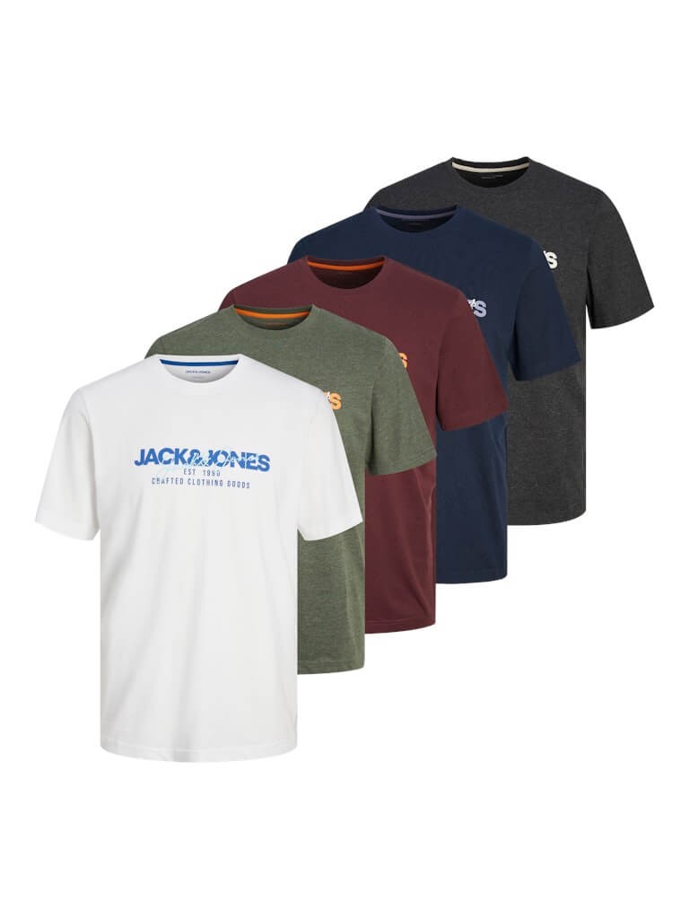 Jack & Jones 5-Pack Cotton Crew Neck T-Shirts - Assorted Colors