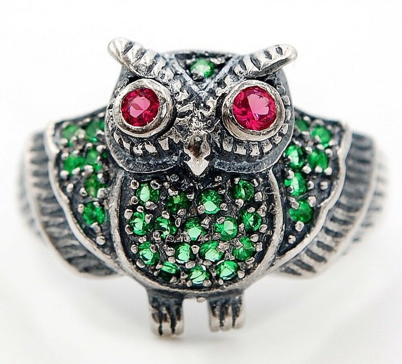 Owl 2CT Heat Treated Green Tourmaline 925 Sterling Silver Ring Sz 7 F4-1