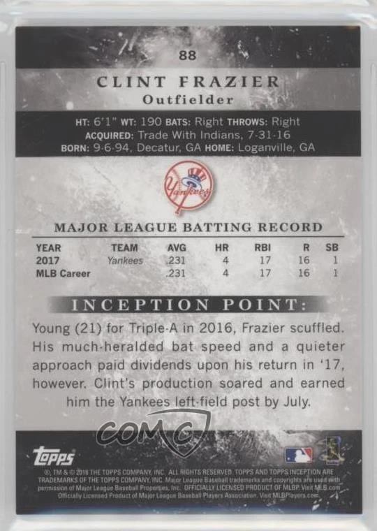 2018 Topps Inception Orange /50 Clint Frazier #88 Rookie RC - Image 2 of 2