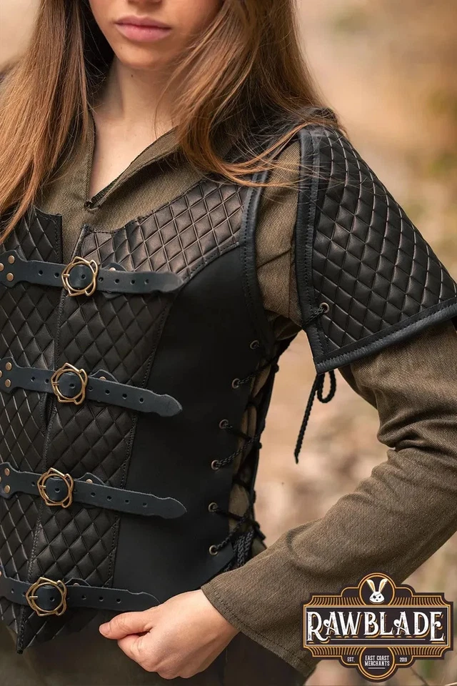 Chaleco Armadura Mujer en Negro para Cosplay, LARP y Disfraces de Fantasía, Cuero Jerkin Foto 3 de 4