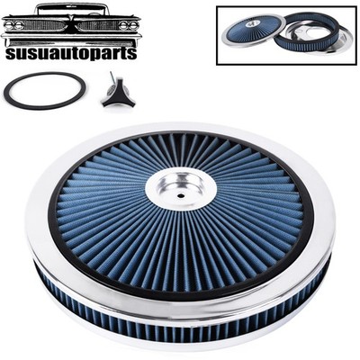 Blue 14'' x 2'' Air Cleaner Set Thru High Flow Washable w/ Chrome Lid For SBC BBC