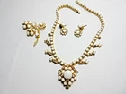 Vintage Gold Tone White Milk Glass & Rhinestone Necklace Brooch & Clipon Earring